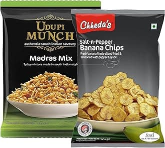 Chheda's - Salt N Pepper Banana Chips (350 Gm) and Udupi Munch Madras Mix (300 Gm) | Banana Wafers | Indian Namkeen | Tasty Snacks | Ready to Eat - Combo Pack