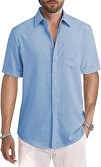 JMIERR Men's Casual Stylish Short Sleeve Button-Up Striped Dress Shirts Cotton Beach Shirt