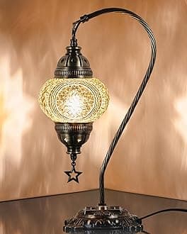 DEMMEX Turkish Moroccan Mosaic Table Lamp – Handcrafted Tiffany-Style Colorful Glass Swan Neck Bedside, Desk, Table Light, Boho Artisan Accent Lighting for Bedroom or Living Room – 15" H, Gold