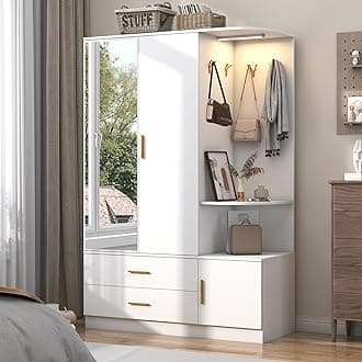 XVD Armoire Wardrobe Closet with Mirror and Sensor Light, Bedroom Armoire with 3 Doors 2 Drawers, Modern Wooden Large Wardrobe Closet with Shelves, 4 Hooks, 2 Hanging Rods, Open Space, White