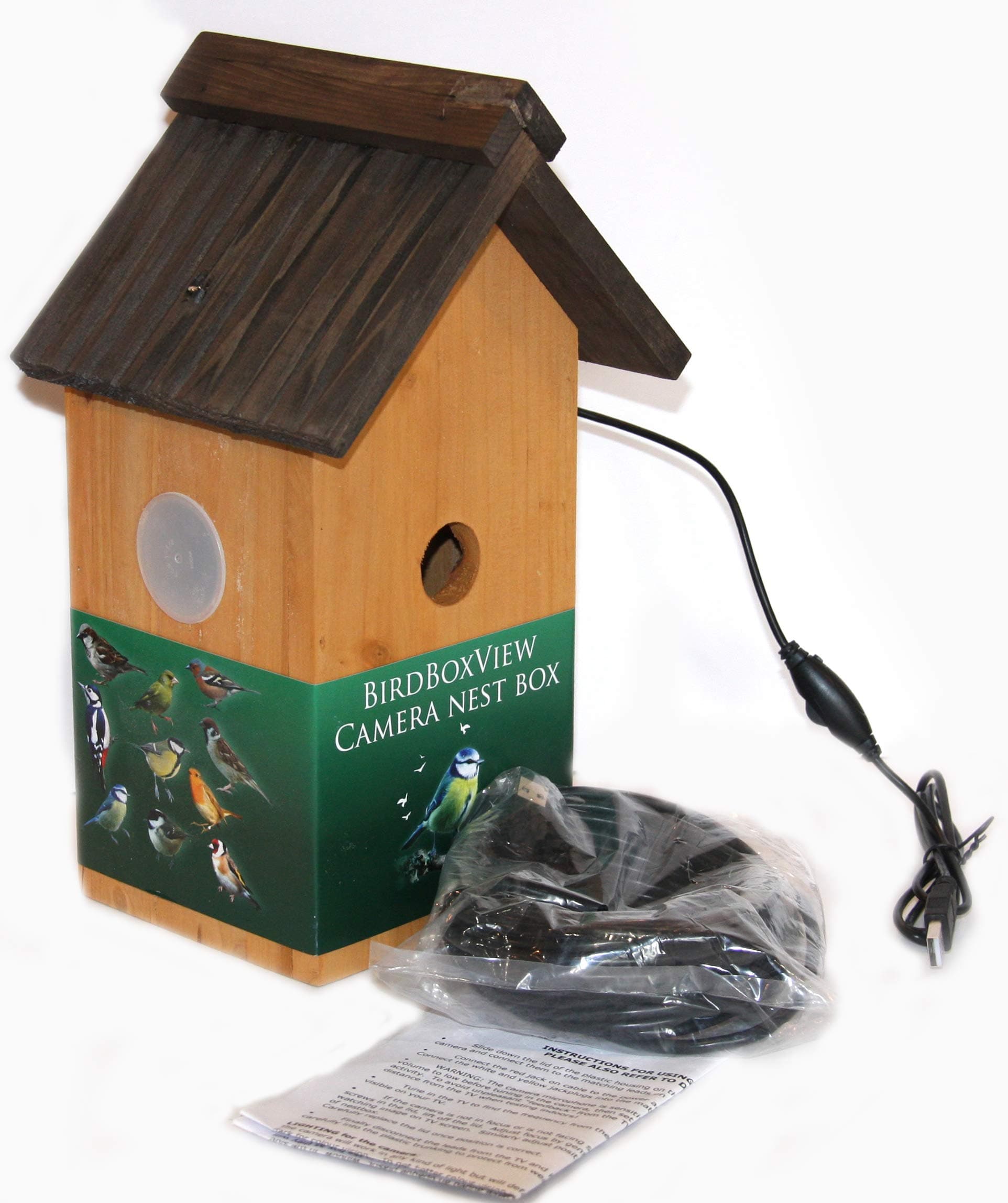 wood nestbox fitted with webcamera. Connects via 5m usb2 cable to pc or laptop up to 6.5m from computer. Lovely wildlife gift for children, Xmas or Fathers Day!