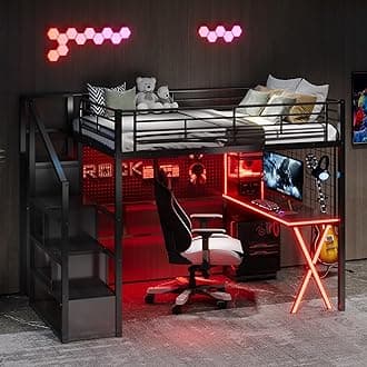 Full Size Loft Bed with Workstation and Storage Staircase, Metal Gaming Loft Bed Frame with Safety Guardrail for Bedroom Guest Room, Maximize Space