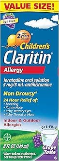 - Claritin Children's Allergy Medicine, 24-Hour Non-Drowsy Loratadine 5mg, Antihistamine Liquid for Kids Aged 2 Years and Older, Grape Flavored, 8 fl oz.