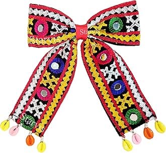 Starvis Navratri Special Hair Accessories Bow Tie Hair Bow Clip – Traditional Embroidered Bow for Women & Girls, Festive Hair Accessory for Garba, Dandiya, and Indian Ethnic Wear Hair Clip with Shell Dandiya Night For Women