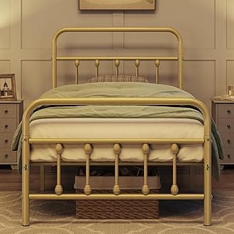Topeakmart Twin XL Size Victorian Style Metal Bed Frame with Headboard/Mattress Foundation/No Box Spring Needed/Under Bed Storage/Strong Slat Support Antique Gold