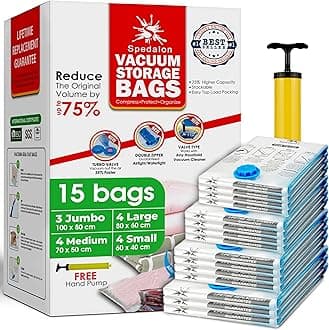 – Vacuum Storage Bags - Pack of 15 (3 Jumbo + 4 Large + 4 Medium + 4 Small) ReUsable space savers with free Hand Pump for travel packing. Sealer Bags for Clothes, Duvets, Pillows, Blankets, Curtains