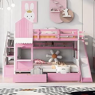 SOFTSEA Full Over Full Bunk Bed with Slide and Storage Solid Wood Bunk Bed Frame with Staircase and Drawers, Pink