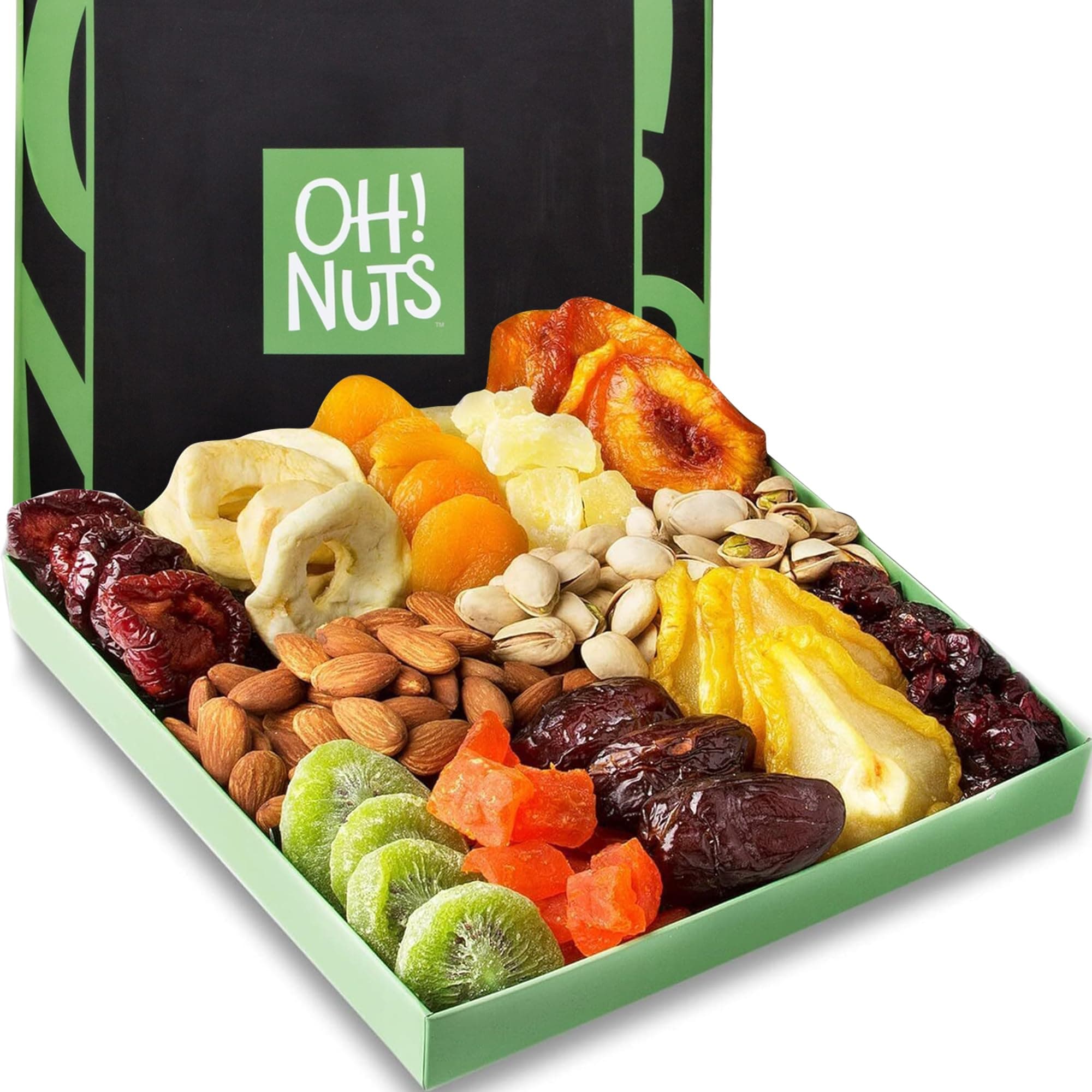 Oh! Nuts Dried Fruits and Nuts Gift Basket - Gourmet Gift Baskets - Healthy Assorted Nuts and Dried Fruit Gift Box - Crafted in USA, Sealed Fresh in Individual Packs (Green Box)
