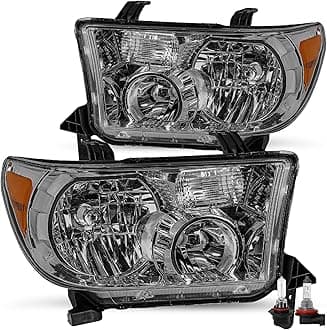 JSBOYAT Headlight Assembly Fit for 2007 2008 2009 2010 2011 2012 2013 Toyota Tundra / 2008-2017 Sequoia Amber Reflector with Smoke Lens (Bulbs Included),w/o Headlight Leveling Adjuster