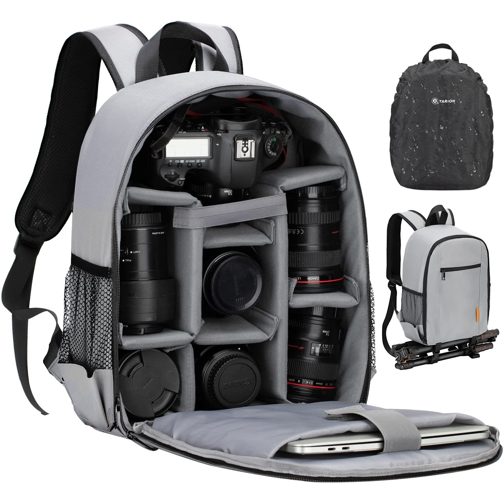 Professional Camera Backpack Case with Laptop Compartment Waterproof Rain Cover for DSLR SLR Mirrorless Camera Lens Tripod Photography Backpack for Women Men Grey TB-S
