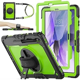 SEYMAC stock Case for Samsung Galaxy Tab S7 FE / S8 Plus 5G Case 12.4'' with Screen Protector Pencil Holder [360 Rotating Hand Strap] &Stand, Drop-Proof, Green/Black