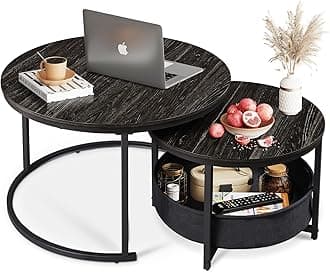 WLIVE Coffee Table Set of 2, 32in Round Nesting Table for Living Room,Small Circle Table with Storage for Small Space,Metal Frame and Fabric Basket, Home Office Bedroom,Black.
