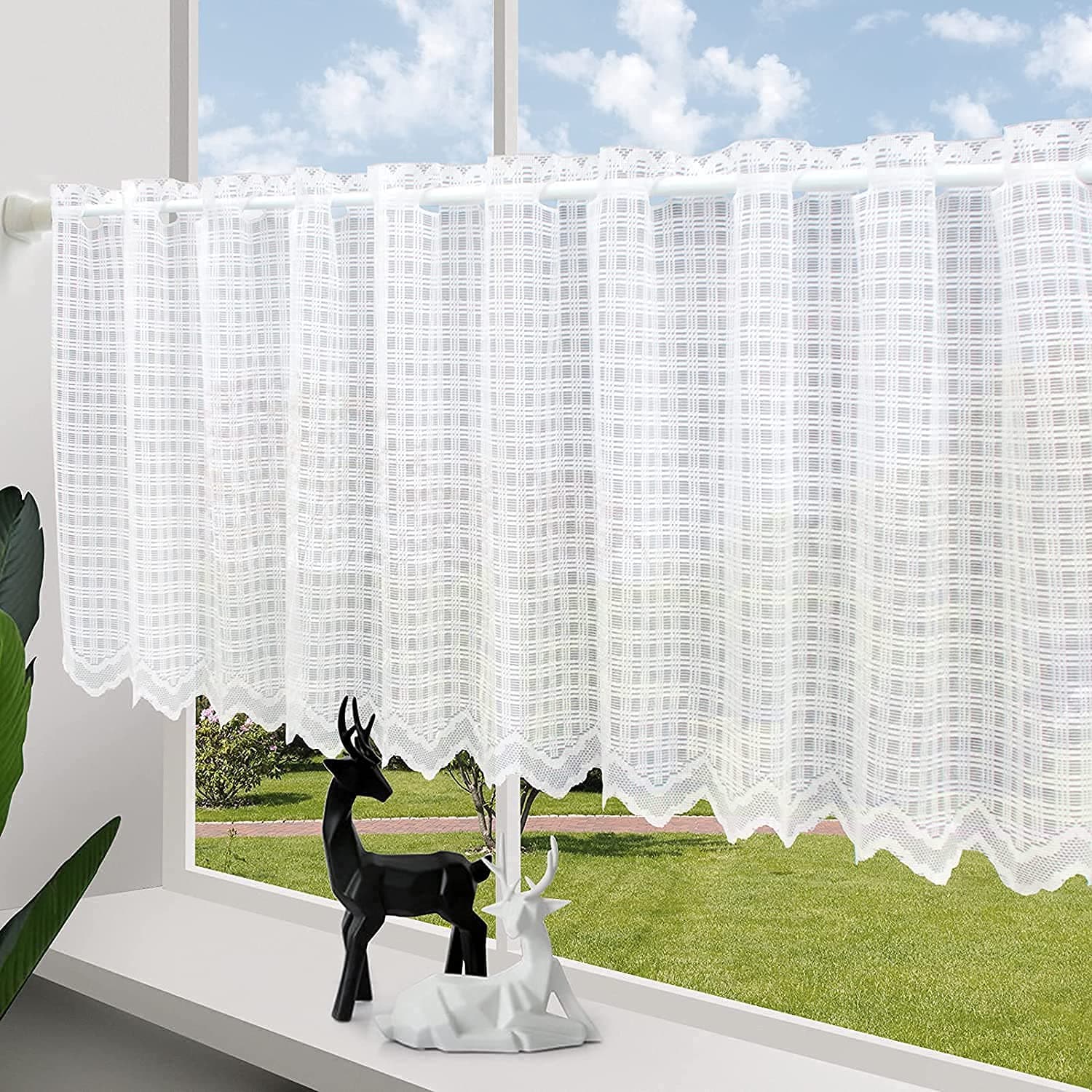 ZHH E-COMMERCE White Cafe Kitchen Curtains Valance, Square Lattice Country Style Short Curtain for Living Room, Bedroom, Balcony Window, Curtains for Windows 60-Inch Drop by 24-Inch, 152 cm x 60 cm