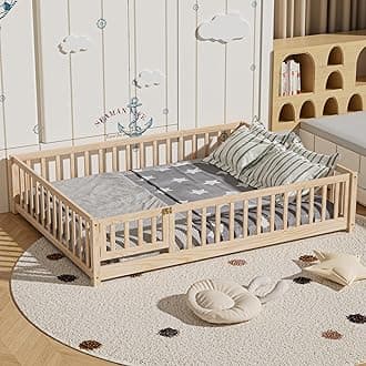 i-POOK Full Floor Bed for Children, Sturdy Wood Montessori Bed Frame with Wood Slats, Fence & Door, Montessori Floor Bed for Girls and Boys, Natural (with Bed Slats)