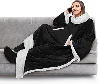 PAVILIA Sherpa Blanket with Sleeves and Foot Pocket Women Men Adults, Fleece Wearable Blanket Sleeved Throw Wrap, Thick Hug Sleep Pod Snuggle Blanket Robe, Cozy Ideas Wife Mom, Black