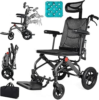 Super Lightweight Reclining Travel Wheelchair, Folding Transit Transport Wheelchairs for Adults and Seniors Support 220lbs, Lightweight Aluminum Wheelchair for Elderly