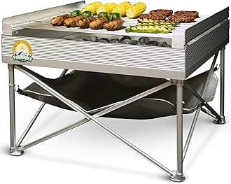 Fireside Outdoor Pop-Up Portable Fire Pit Grill - Camping Charcoal Grills, BBQ Grills, Portable Firepit Campfire Pit, Outdoor Fire Pits Cooking Grate with Grill and Heat Shield - Quad-Fold Grates