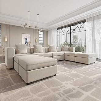 149.6" U Shaped Modular Sectional Sofa with 4 Pillows, Upholstered Sectional Couches for Living Room, Modern Comfy 8-Seater Couch with Storage Ottoman, Deep Seat Sofa with Chaise, Beige