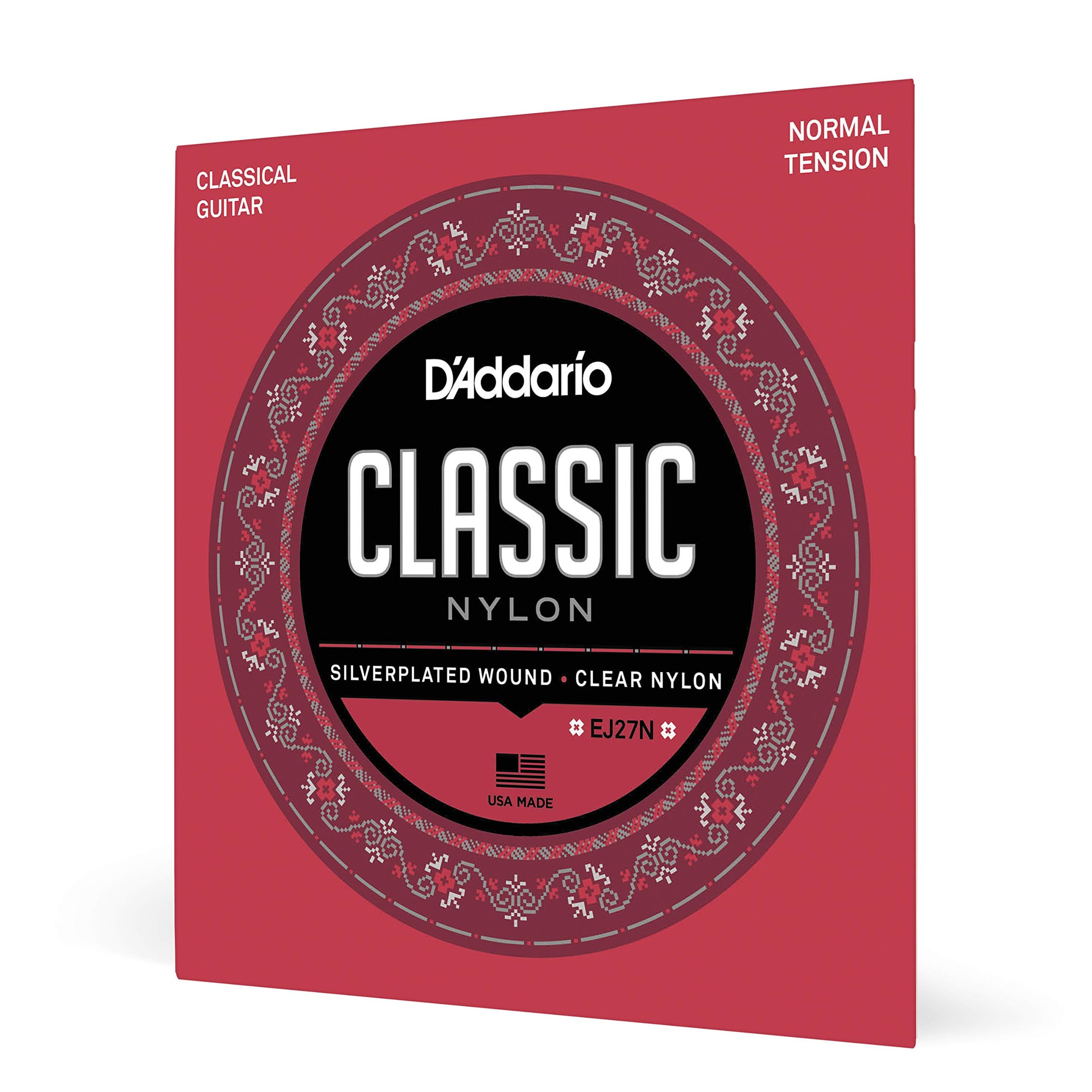 D'Addario Guitar Strings - Classic Nylon Guitar Strings - EJ27N Classical Guitar Strings - Silver Plated Wrap, Nylon Core, Clear Student Nylon Trebles - Normal Tension