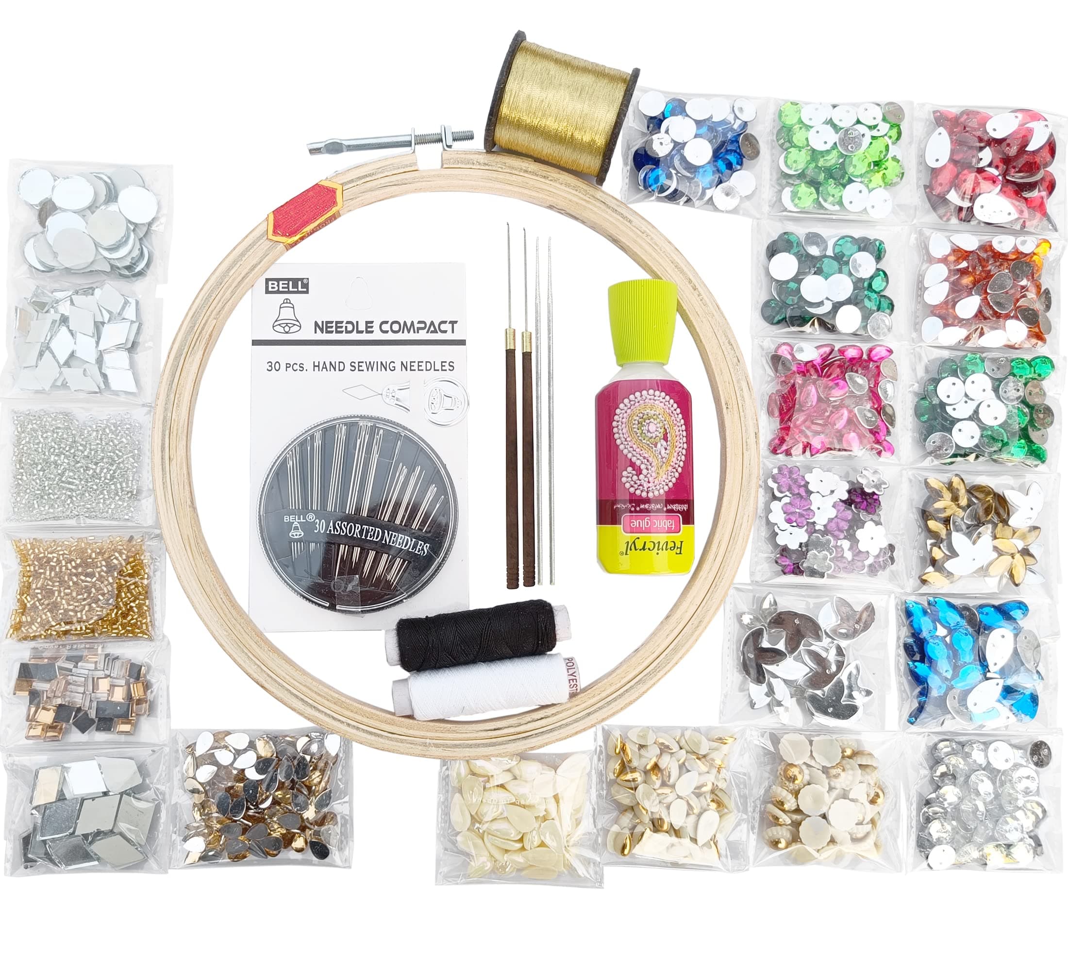Qroof Aari Work, Maggam Work Materials Combo Kit with 16 Kundan,2 Delica Bead,4 Mirrors for Blouse, Fabric Decoration for Beginner A Complete Pack, Multicolor