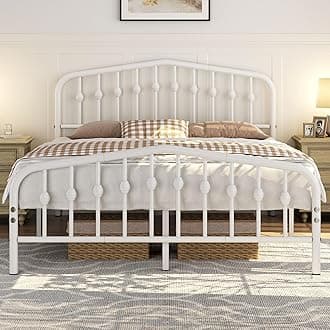 Yaheetech 5ft King Bed Frames Slatted Metal Bed with Crown-inspired Design Headboard/Spacious Under-bed Storage White