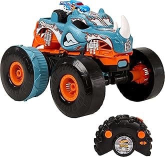 Hot Wheels Monster Trucks RC Toy, Remote-Control Transforming Rhinomite in 1:12 Scale & 1:64 Scale Race Ace, Converts into Launcher, Connects to Track