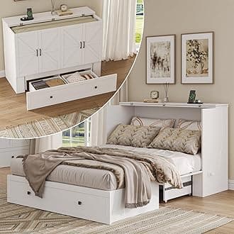 Full Size Murphy Bed with Charging Station,Murphy Cabinet with Foldable Panel,Cabinet Bed with Large Storage Drawer for Home Office or Small Room, Guest Bedroom, Living Room, White