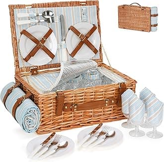 HappyPicnic Wicker Picnic Basket Set for 4 Persons | Large Willow Hamper with Large Insulated Cooler Compartment, Free Waterproof Blanket and Cutlery Service Kit-Classical Brown