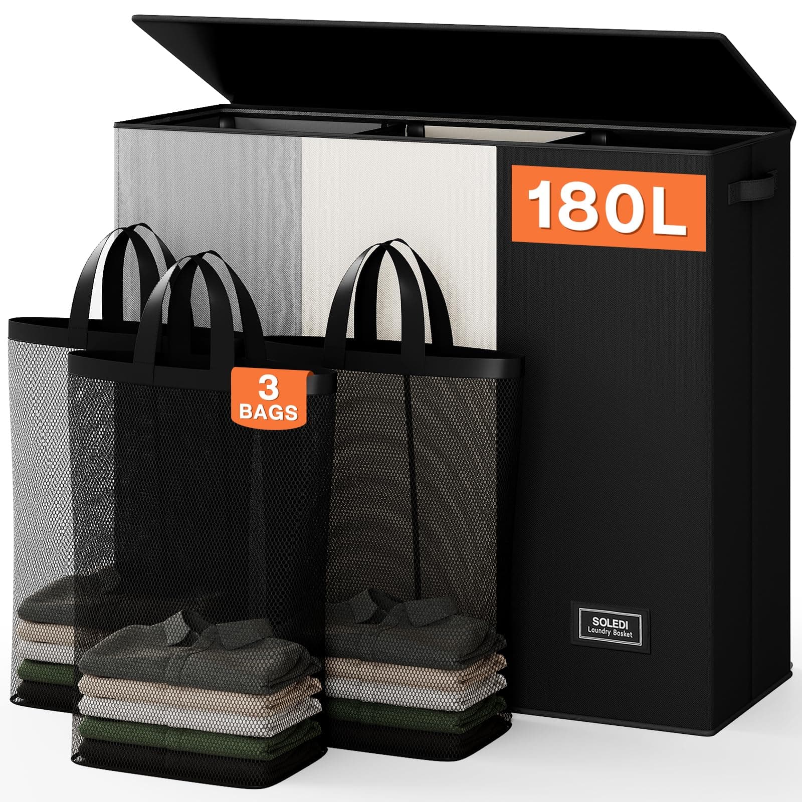 SOLEDI Laundry Hamper 3 section with lid and 3 Pcs Bag, Large Hamper 3 compartment 180L, Laundry Basket Laundry sorter Clothes hamper for Laundryroom Bedroom Blanket Storage Organizer