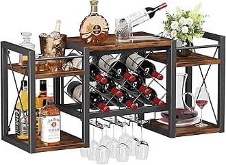 Wall Mounted Wine Rack with Glass Holder, Wood-Metal Retro Bar Shelf, Wine Bottles Display Wall Storage for Kitchen Dining Room Home Bar
