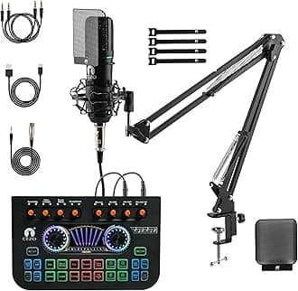 CEZO U87 Professional Condenser Microphone with X3 Sound Card | Mic Set with Pop Shield | Live Sound Card | Boom Arm Stand | Metal Shock Mount for Recording, Podcasting & Streaming