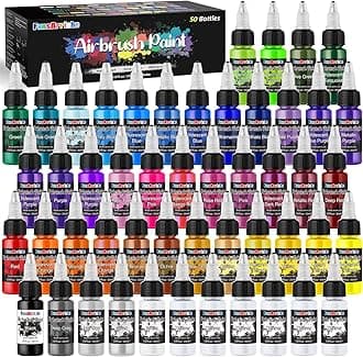 FansArriche Airbrush Paint, 44 Colors with 6 Thinners Acrylic Air Brush Paint Set, Ready to Spray Water-Based Opaque & Neon & Iridescent Acrylic Paint for Beginners, Artists, 20 ml/Bottle