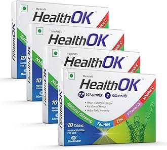 Health Ok Mankind's Multivitamin with Natural Ginseng & Taurine Power; Lemon Flavour,100% Vegetarian (4 x 10 tablets), 200 grams