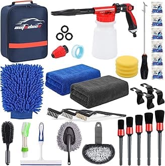 AUTODECO 33Pcs Car Wash Detailing Kit Cleaning Kits with Foam Gun Sprayer Brush Large Wash Mitt Towels Complete Interior Exterior Car Washing Supply Set Blue