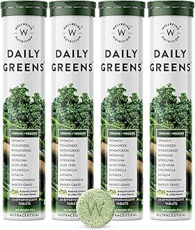 Wellbeing Nutrition Daily Greens | Wholefood Multivitamins with Vitamin C, Zinc, B6 for Immunity & Detox with Organic Certified Plant Superfoods & Antioxidants (15 Effervescent Tablets) Pack of 4