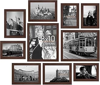 upsimples 10 Pack Picture Frames Collage Wall Decor for Mounting or Tabletop Display, Photo Gallery Frame Set for Family, Multi Sizes Including 8x10, 5x7, 4x6, Brown