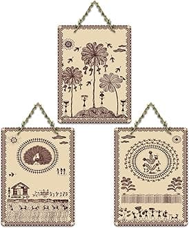 Artvibes Warli Village Life Home Decorative Wall Art MDF Wooden Wall Hanger for Living Room | Art For Wall | Wall Sculpture | Signs & Plaques | Aesthetic Wooden Decor | Gift Items (WH_9626N), Set of 3