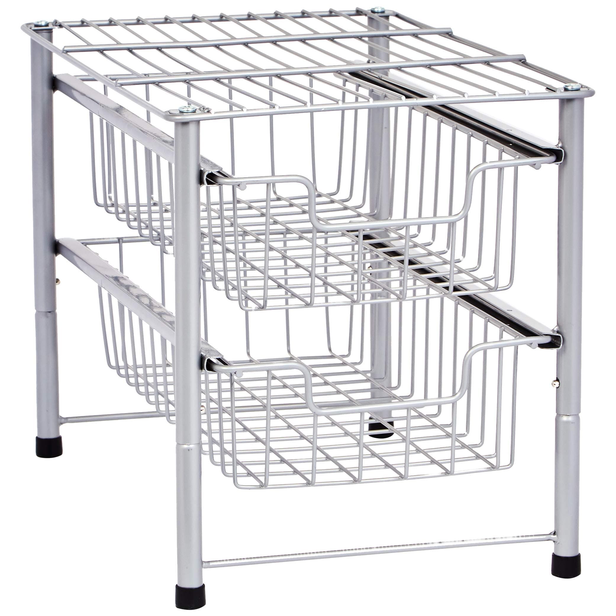 Amazon Basics 2 Tier Sliding Drawers Basket Storage Organizer, Silver, Pack of 2, 16.7 x 10.8 x 12.3 in