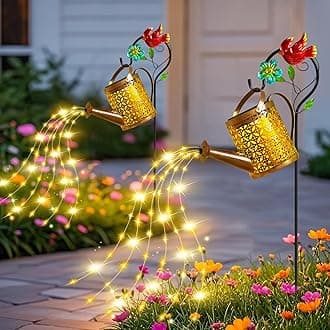 Mothers Day Gifts Solar Lights Outdoor, Watering Can with Cascading Lights, Watering Can with Hook Solar Lantern, Gardening Decor for Yard Patio, Gardening Gifts for Mom Grandma Women (2 Pack)