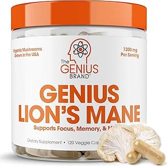 The Genius BrandGenius Lions Mane Cognition Vitamins Supplement Capsules Organic Nootropic Supplement, 1200Mg Per Serving 120 Vegetarian Pills