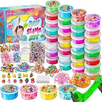 YOPINSAND 32 Cups DIY Slime Kit, Slime Making Kit for Girls 10-12, Glow in The Dark, Crystal Clear Slime with Add-ins, Foam Balls, Charms, Party Favors Gift Toys for Kids