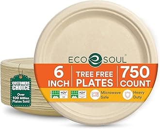 ECO SOUL Compostable Paper Plates 6 Inch, 750 Pack – Small Disposable Dessert Plates, Heavy Duty, Natural Bagasse, Leak-Resistant, Microwave Safe, Eco-Friendly Round Appetizer Plates for Party & BBQ