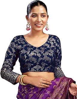 SIRILReadymade Saree Blouse for Women | Silk Blend Sequence Embroidery 3/4 Sleeve Blouse | Stitched Padded Blouse