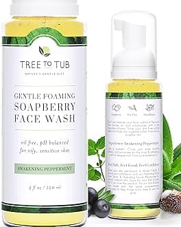 Tree To Tub Gentle, Acne Face Wash for Oily Skin. The Only pH 5.5 Balanced Peppermint Foaming Cleanser for Sensitive Skin – Women and Mens Face Wash Made with Organic Wild Soapberries, 4 oz—
