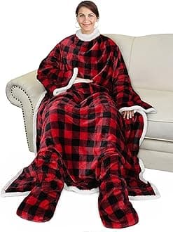 Sherpa Wearable Blanket with Sleeves & Foot Pockets for Adult Women Men, Comfy Snuggly Wrap Sleeved Throw Blanket Robe, Gift Idea, Red Checker Plaid