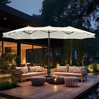 MFSTUDIO 15ft Double Sided Patio Umbrella with Solar Lights, Outdoor Large Umbrellas with Crank Handle and 36 LED Lights, Rectangular Market Umbrella with Base Included for Deck Pool Shade, Ivory