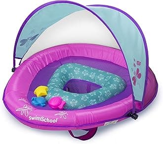 SwimSchool Splash & Play Baby Pool Float with Canopy, 3 Activity Play Toys, Dual Air Pillow Chambers and Adjustable Safety Seat, Baby Float, 6 - 24 Months, Berry/Pink