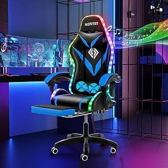 HOFFREE Gaming Chair Massage with Bluetooth Speakers and Led Lights Ergonomic Computer Gaming Chair with Footrest RGB Video Game Chair with High Back Lumbar Support Blue and Black