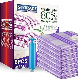 STORAGE MASTER Space Saver Bags for Travel and Home Reusable Vacuum Storage Bags Save 80% More Storage Space with Travel Hand Pump (6-Small)