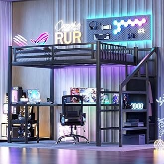 Full Size Loft Bed with Stairs and Desk, Metal Gaming Loft Bed with RGB LED Light, Heavy-duty Steel Loft Bed Frame with Storage Wardrobe, Shelves and Charging Station for Adults Kids Teens, Black